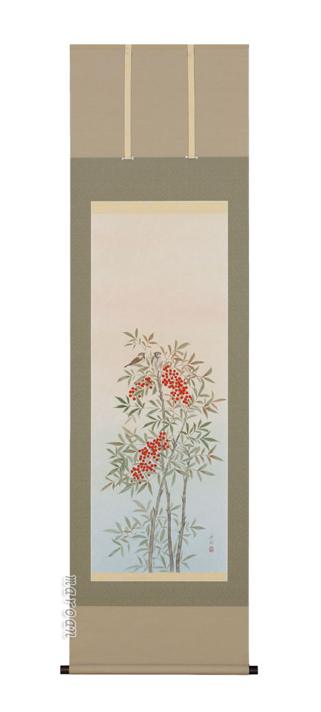 掛け軸／掛軸 南天に雀（鈴木 秀湖） 【送料無料】【代引手数料無料】