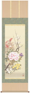 掛け軸 掛軸 かけじく花鳥画<br>四季花（北山　歩生）<br>送料無料 代引き手数料無料
