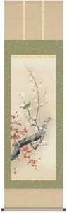 【掛け軸／掛軸／花鳥画】<br>紅白梅に鶯（田村　竹世）<br>【送料無料】【代引き手数料無料】