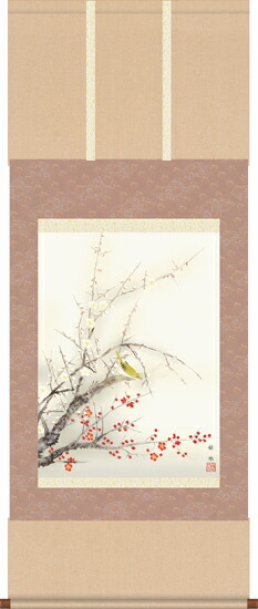 掛け軸／掛軸【花鳥】 紅白梅に鶯（浮田 秋水） 【送料無料】【代引手数料無料】