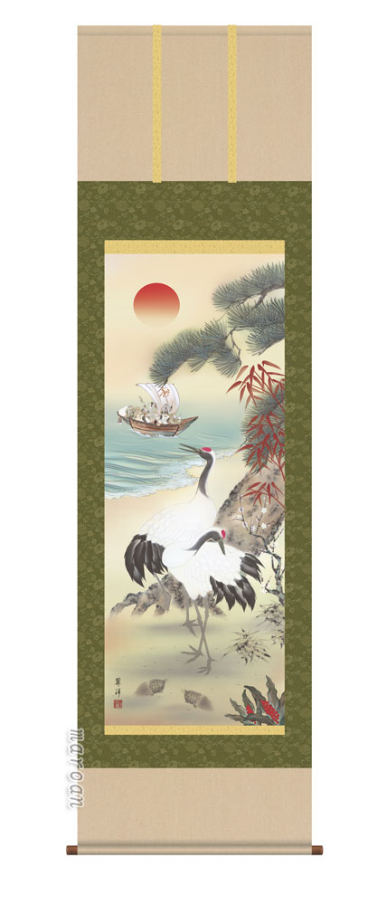 掛け軸／掛軸【縁起開運／尺三桐箱】鶴亀三友福神図（遠山　翠洋）【送料無料】【代引き手数料無料】