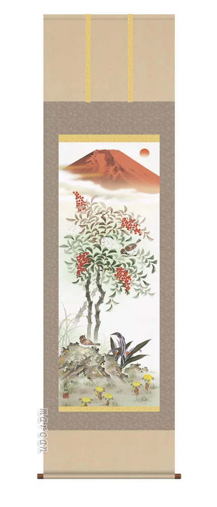 開運画 掛軸【縁起開運／尺三桐箱】紅白南天霊峰図（須藤 栄心） 商品画像