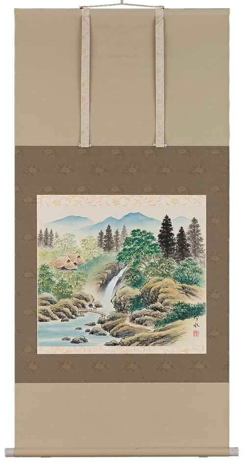 掛け軸／掛軸　彩色山水（奥田吟水）<br>【送料無料】【代引き手数料無料】