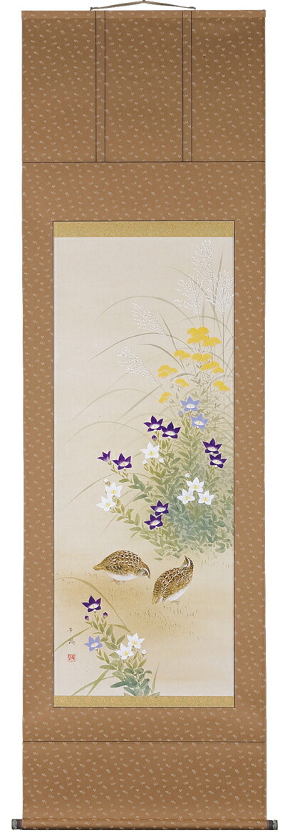 掛け軸／掛軸 秋草に鶉（出口華凰） 【送料無料】【代引き手数料無料】