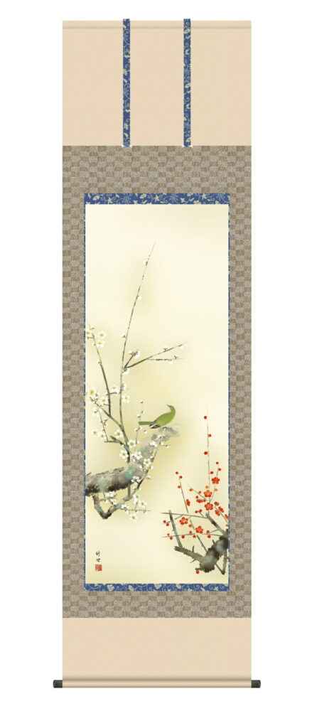 掛け軸/掛軸【花鳥/尺五】 紅白梅に鶯 田村 竹世(三美会) 【送料無料】【代引手数料無料】【正絹 最高級筋廻仕様】