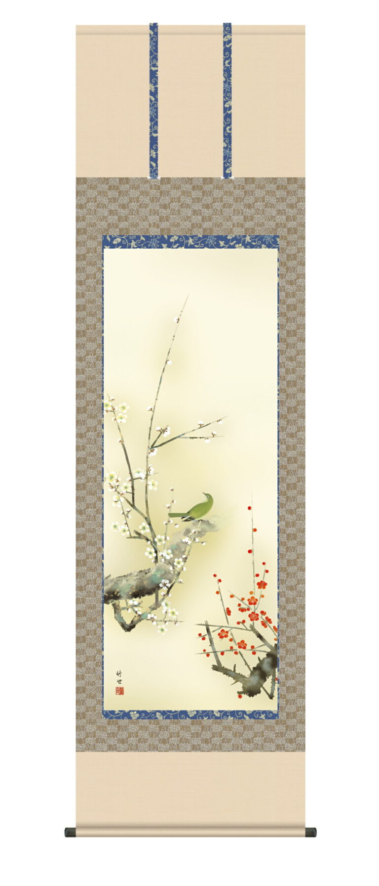 掛け軸/掛軸【花鳥/尺五】 紅白梅に鶯 田村 竹世(三美会) 【送料無料】【代引手数料無料】【正絹 最高級筋廻仕様】