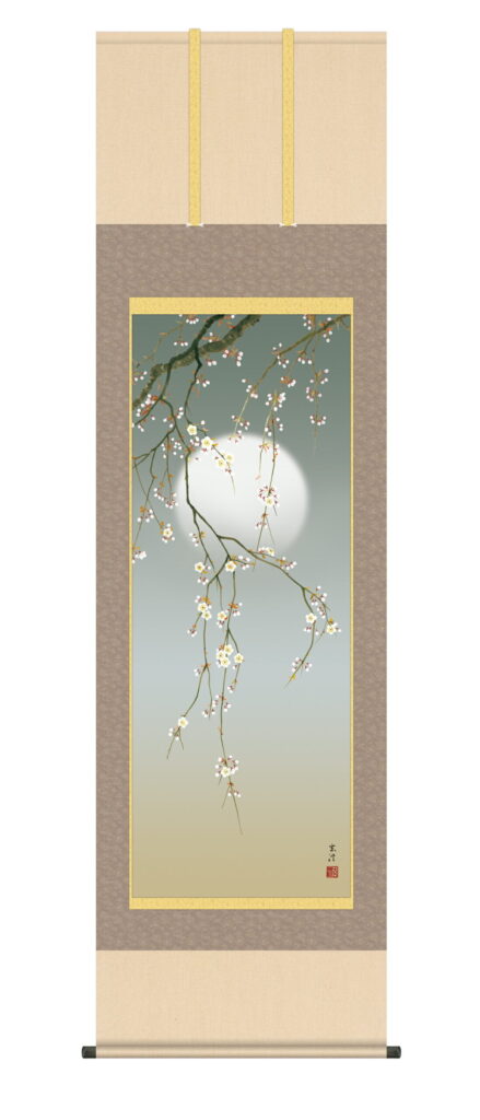 掛け軸／掛軸／かけじく【花鳥画】 夜桜（清水 玄澄） 【送料無料】【代引き手数料無料】【洛彩緞子 最高級筋廻仕様】