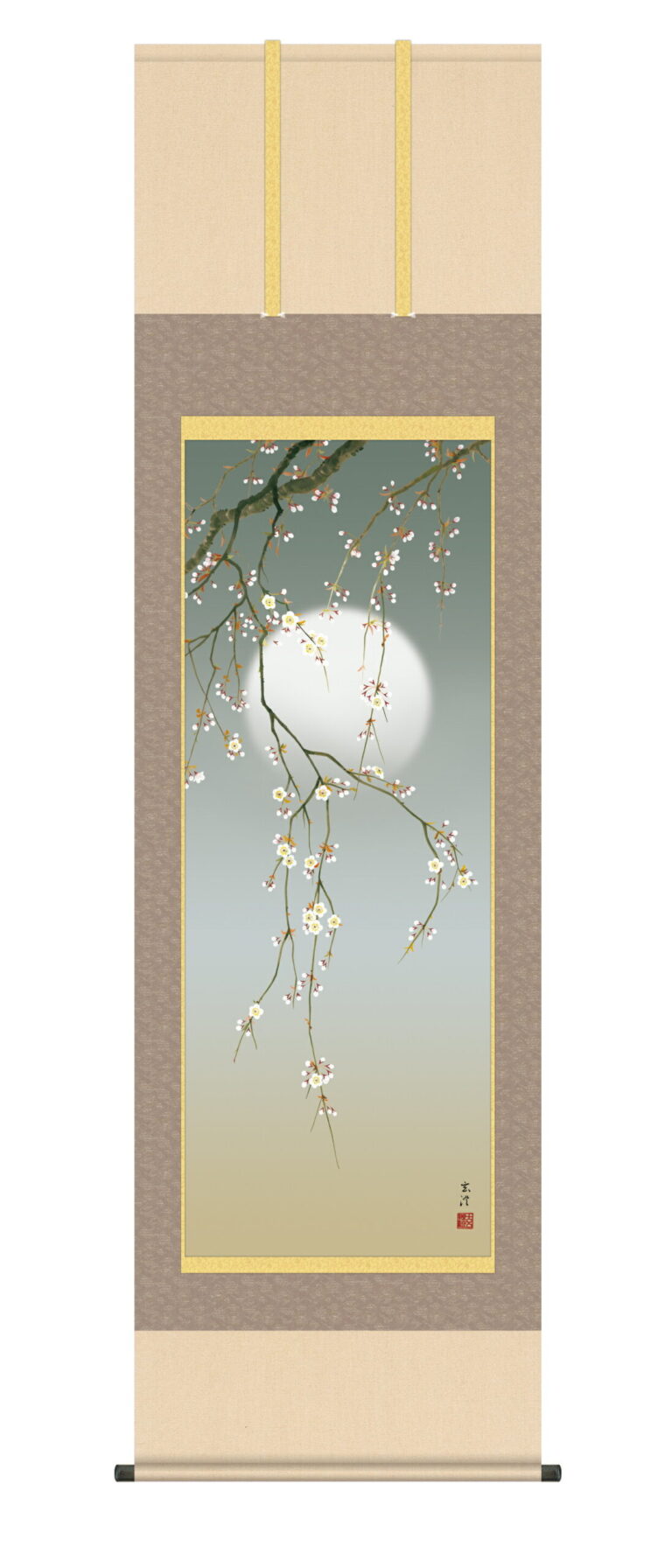 掛け軸／掛軸／かけじく【花鳥画】 夜桜（清水 玄澄） 【送料無料】【代引き手数料無料】【洛彩緞子 最高級筋廻仕様】