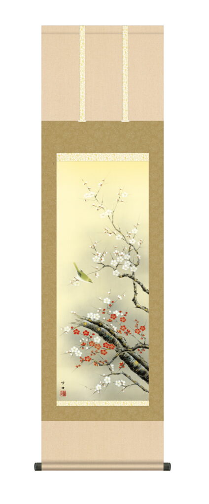 掛け軸 掛軸 かけじく 花鳥画 春掛け 紅白梅に鶯（田村 竹世） 尺三幅 【送料無料】【代引き手数料無料】