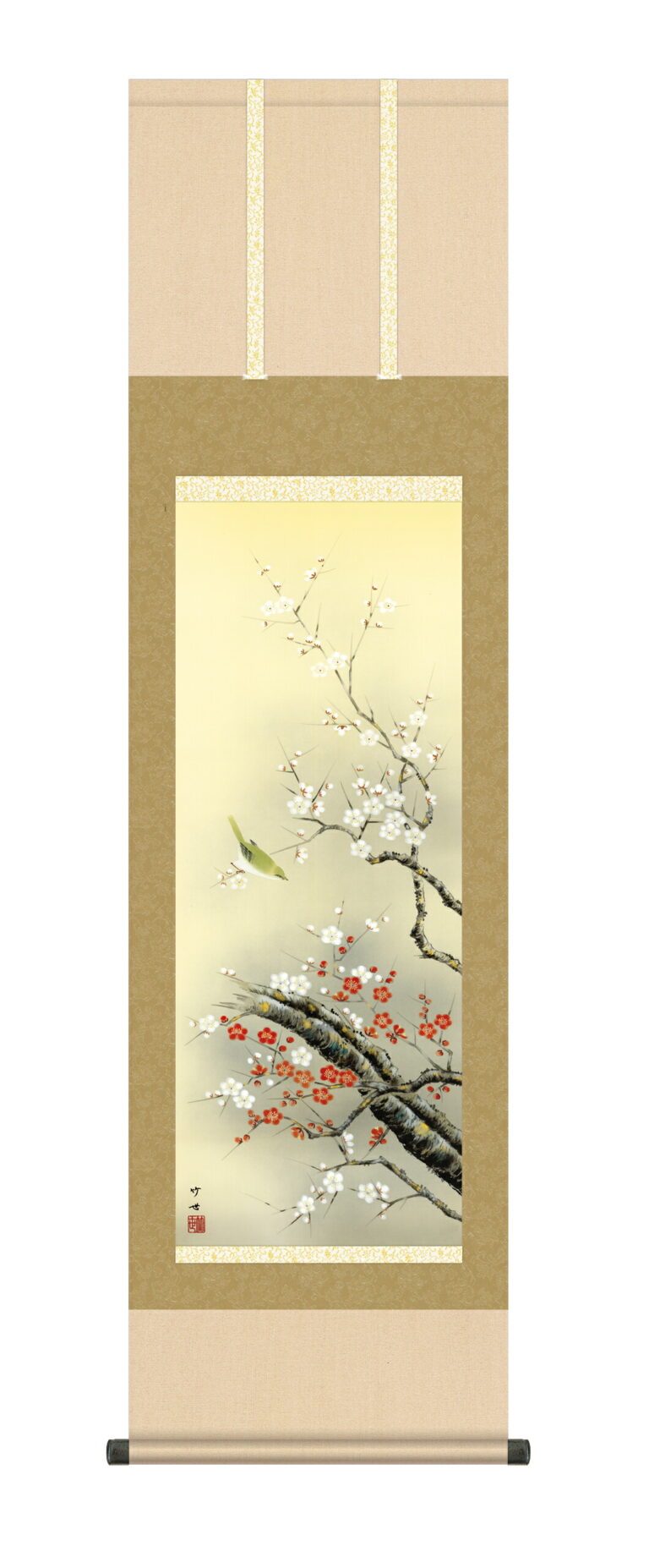 掛け軸 掛軸 かけじく 花鳥画 春掛け 紅白梅に鶯（田村 竹世） 尺三幅 【送料無料】【代引き手数料無料】