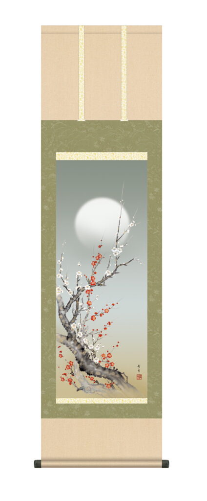 掛け軸／掛軸／かけじく【花鳥画】 朧月紅白梅（北山 歩生） 【送料無料】【代引き手数料無料】