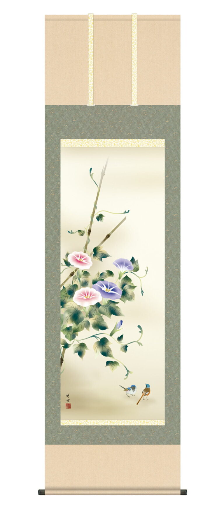 掛け軸/掛軸【花鳥/尺五】 朝顔 田村 竹世(三美会) 【送料無料】【代引手数料無料】【正絹 最高級筋廻仕様】