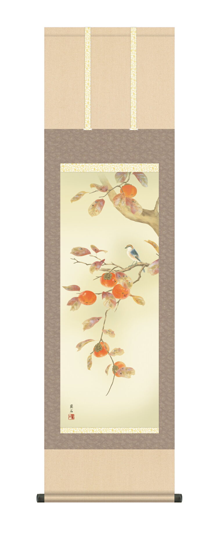 掛け軸(掛軸)【尺三幅】 柿に小鳥(高見 蘭石) 秋 かき ことり【送料無料】【代引き手数料無料】
