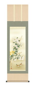 掛け軸 掛軸 花鳥画 秋掛け　<br>菊花（吉井蘭月）<br>　秋　菊　小鳥　送料無料 代引手数料無料