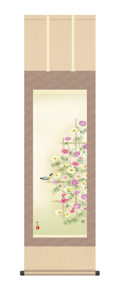 掛け軸(掛軸)【尺三幅】 秋桜（浮田 秋水） コスモス 秋 小鳥【送料無料】【代引き手数料無料】