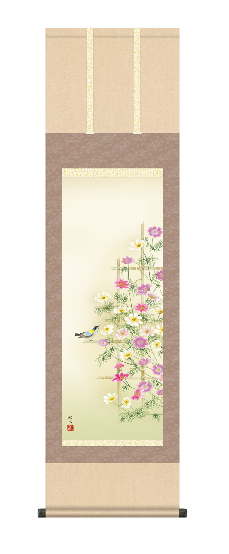 掛け軸(掛軸)【尺三幅】 秋桜（浮田 秋水） コスモス 秋 小鳥【送料無料】【代引き手数料無料】