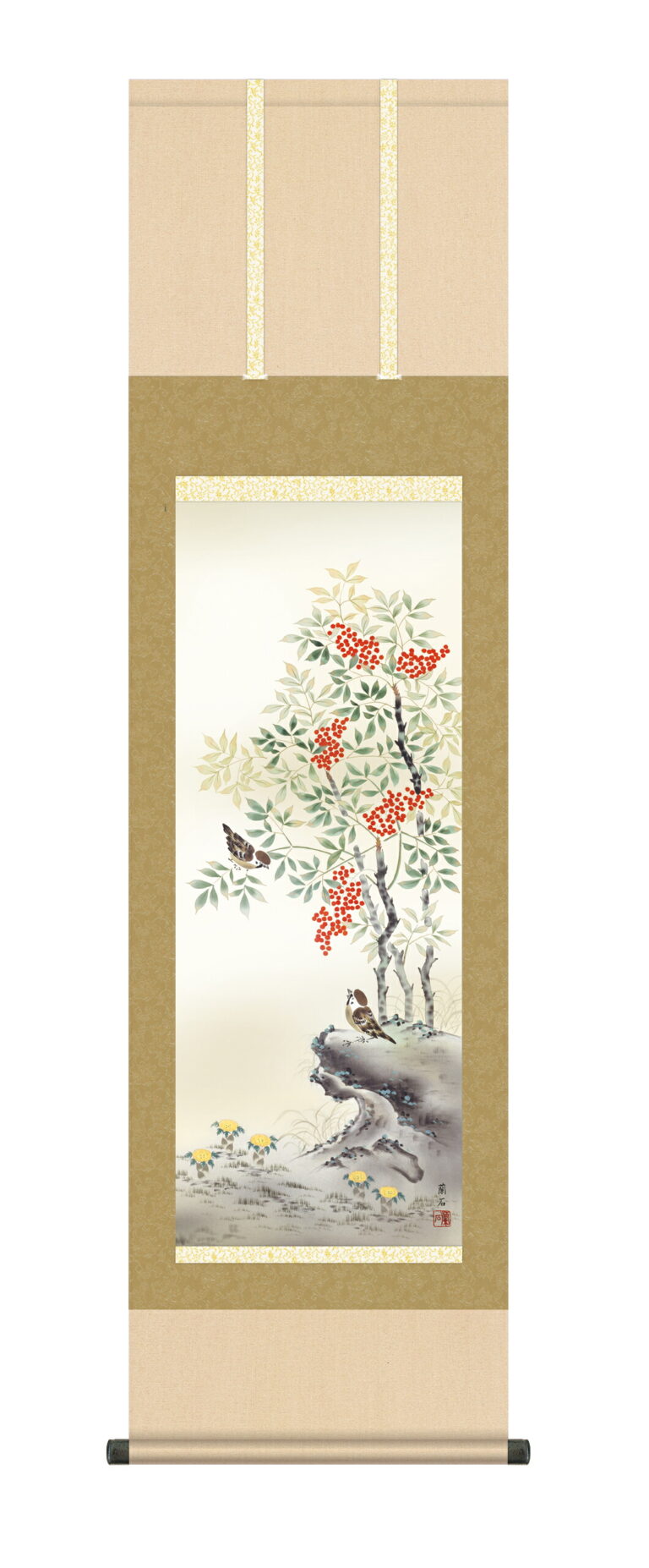 掛け軸 掛軸 かけじく【花鳥画】 南天福寿（高見 蘭石）【尺三】 冬掛け 雀 南天【送料無料】【代引き手数料無料】