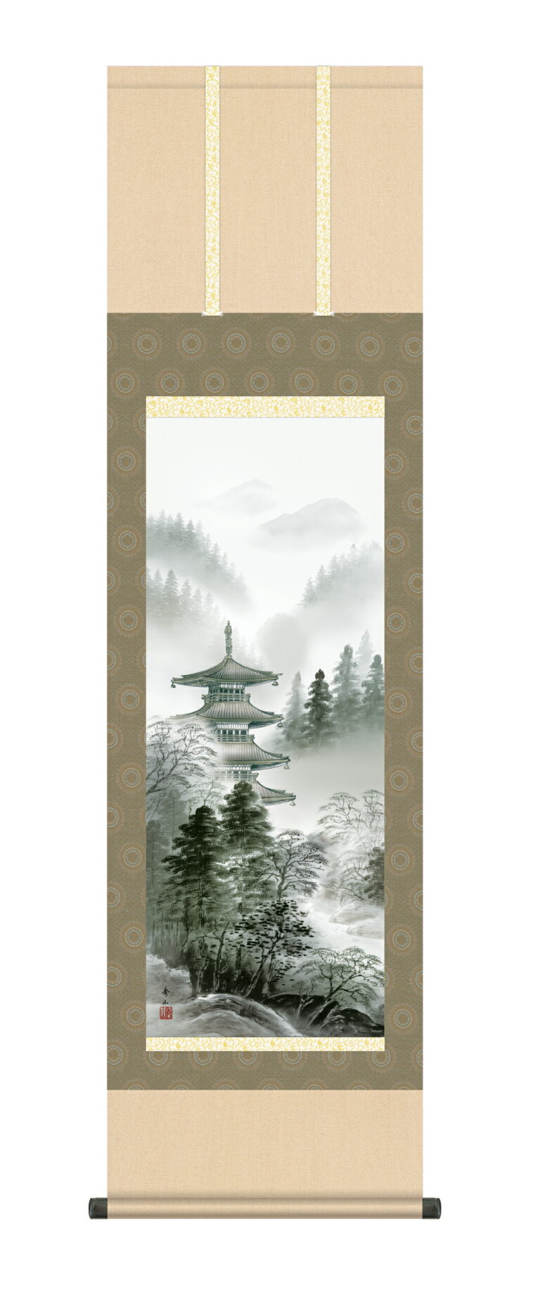 掛け軸 掛軸 年中掛け 水墨塔景(鈴村秀山)【尺三幅】 【送料無料】【代引き手数料無料】