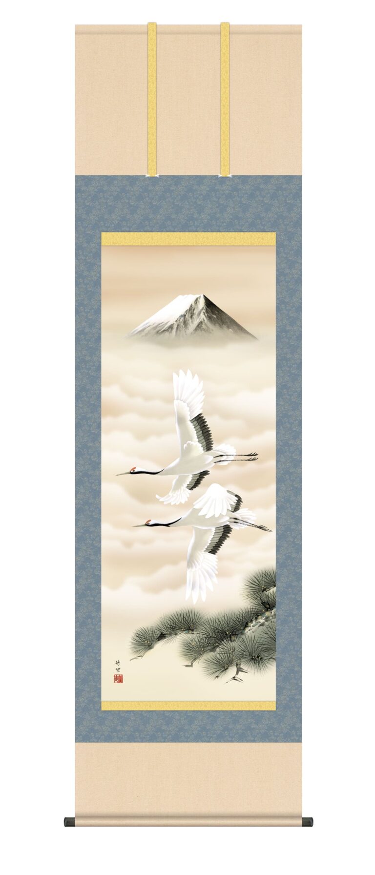 掛け軸/掛軸【鶴/尺五】 富岳飛翔 田村 竹世(三美会) 【送料無料】【代引手数料無料】【洛彩緞子本表装】