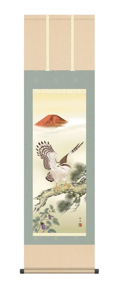 掛け軸(掛軸)【尺三幅】 一富士二鷹三茄子（長江 桂舟） 初夢 赤富士 鷹 茄子 開運【送料無料】【代引き手数料無料】