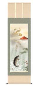 掛け軸【縁起開運】<br>紅峰登龍門乃図（こうほうとうりゅうもんのず）<br>（石田　芳園）<br>　家運隆盛　開運　龍　鯉　赤富士　松竹梅【送料無料】【代引き手数料無料】