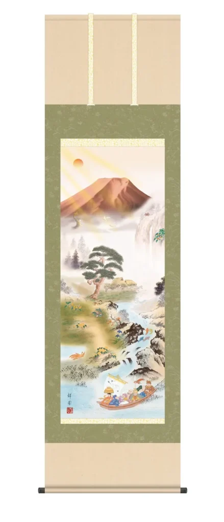 掛け軸／掛軸【開運画】 開運万全図（かいうんばんぜんず） （山本 祥園） 開運 赤冨士 鷹 茄子 四神 鯉 六瓢 七福神 睨み龍 九頭馬【送料無料】【代引き手数料無料】