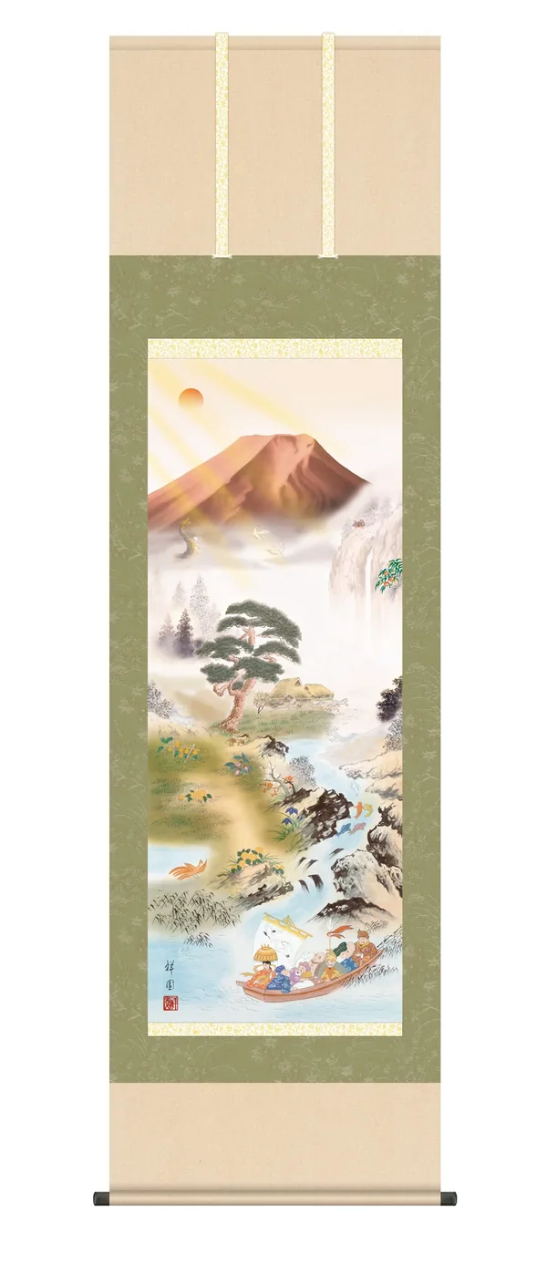 開運画 掛軸【開運画】開運万全図（かいうんばんぜんず）（山本 祥園） 開運 赤冨士 鷹 茄子 四神 鯉 … 商品画像