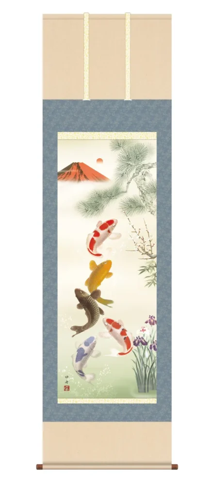 掛け軸／掛軸【開運画】 紅峰五鯉躍勝運図（こうほうごりやくしょううんず） （瀬田 功舟）【尺三】 家運隆盛 開運 出世栄達 赤富士 鯉 松竹梅 菖蒲 【送料無料】【代引き手数料無料】