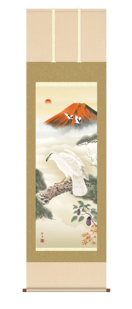 掛け軸／掛軸【開運画】 開運初夢来迎図（かいうんはつゆめらいげいず） （長江 桂舟）【尺三】 家運隆盛 開運 初夢 鷹 富士 茄子 【送料無料】【代引き手数料無料】