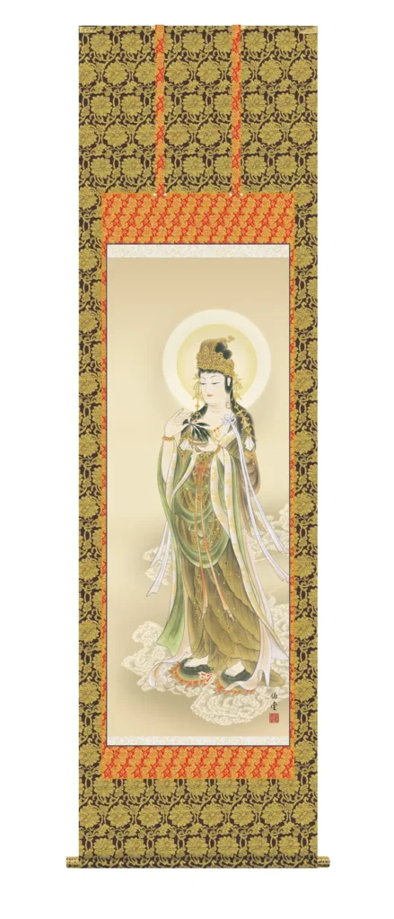 掛け軸 掛軸 仏書画 雲上観音（小川 伯堂） 観音 金襴 行事飾り 送料無料 代引手数料無料