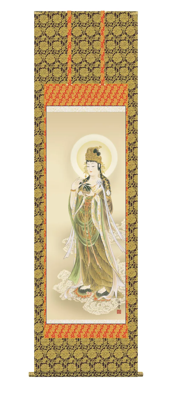 掛け軸 掛軸 仏書画 雲上観音（小川 伯堂） 観音 金襴 行事飾り 送料無料 代引手数料無料
