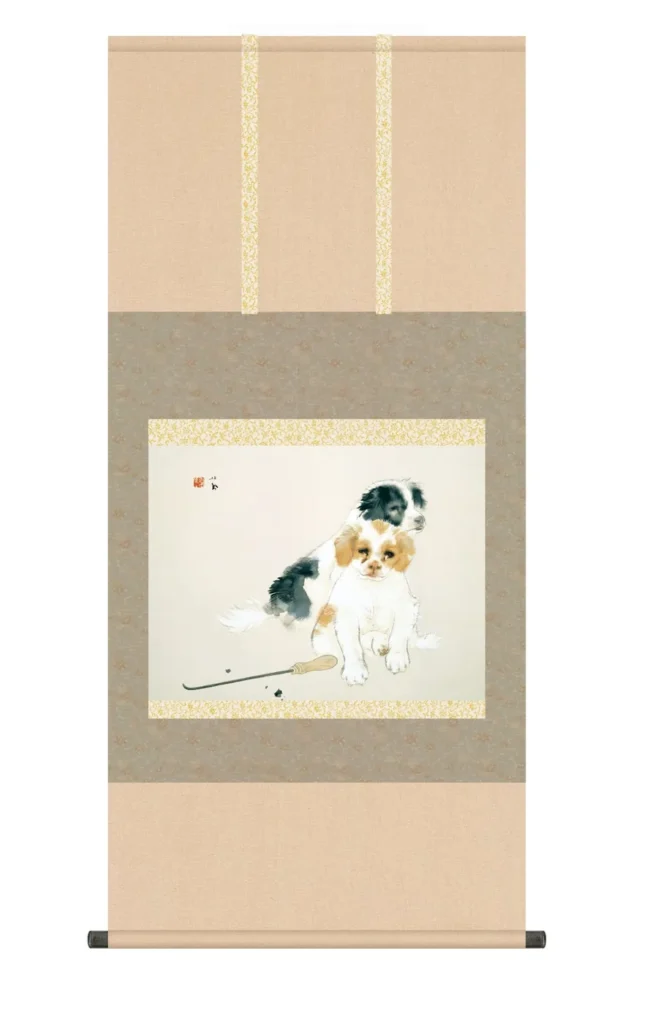 掛け軸(掛軸)【尺五】 爐邊（ろばた）（竹内栖鳳）【複製】 名画 複製 日本製 竹内 栖鳳 犬 炉端【送料無料】【代引き手数料無料】