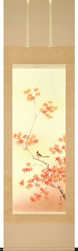 掛け軸／掛軸　紅葉に小禽（富岡　蘇峰）<br>　秋掛け　もみじ　紅葉　ことり　おもてなし　普段掛け　<br>【送料無料】【代引手数料無料】