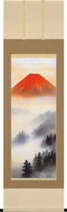 掛け軸 赤富士(萩原 緑翠)<br>御祝　正月　年中掛け　開運【特殊工芸作品】<br>【送料無料】【代引手数料無料】
