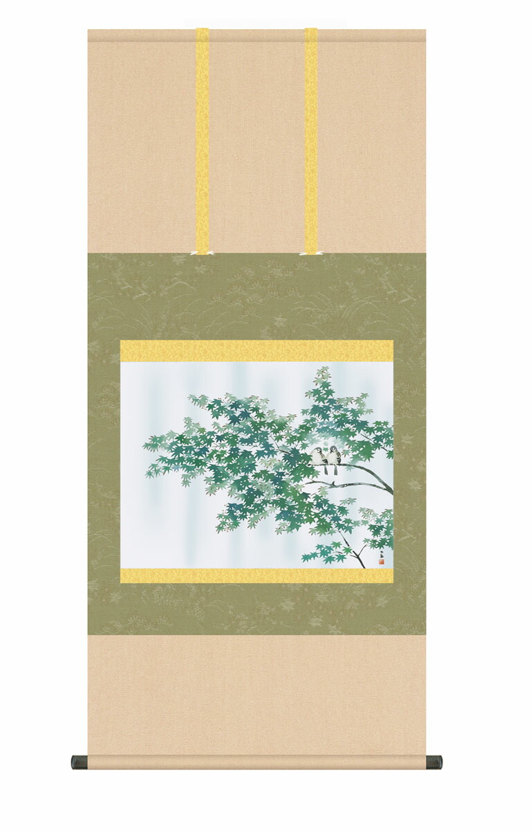 掛け軸(掛軸)【尺五】 緑雨（横山大観）【複製】 床の間 モダン 巨匠 名画 複製画 和室 掛物 日本製 雀 雨【送料無料】【代引き手数料無料】