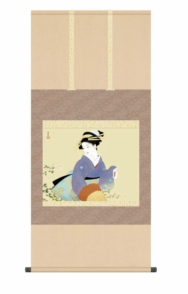 掛け軸【尺五】 萩の露（はぎのつゆ）（上村松園）【複製】 床の間 モダン 巨匠 名作 和室 名画 複製画 日本製 掛物 上村 松園 美人【送料無料】【代引き手数料無料】