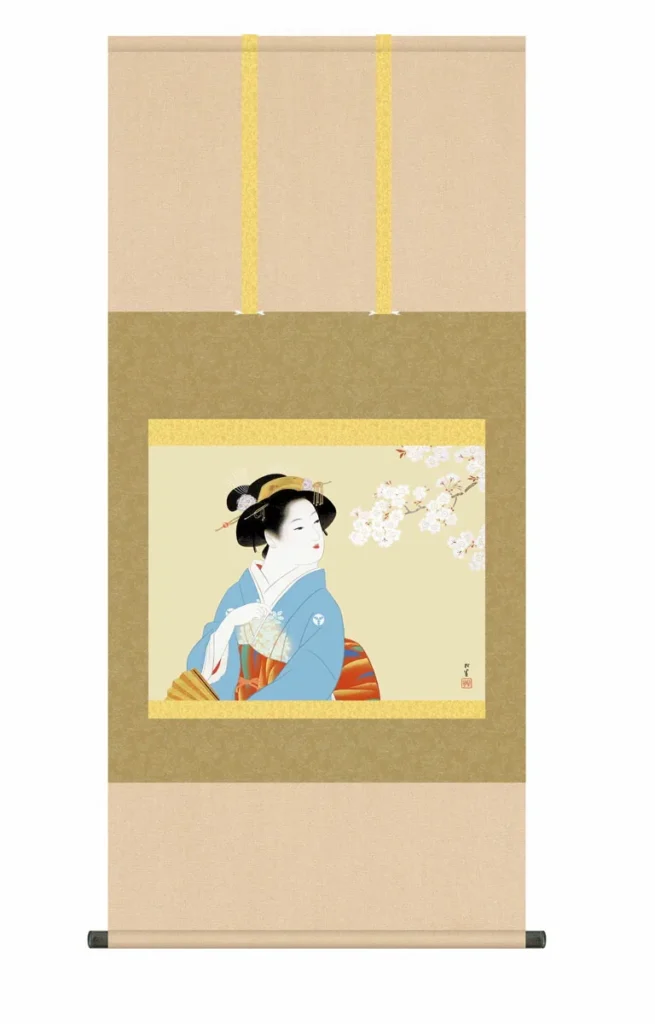掛け軸【尺五】 花下美人（かかびじん）（上村松園）【複製】 床の間 モダン 巨匠 名作 和室 名画 複製画 日本製 掛物 上村 松園 美人【送料無料】【代引き手数料無料】