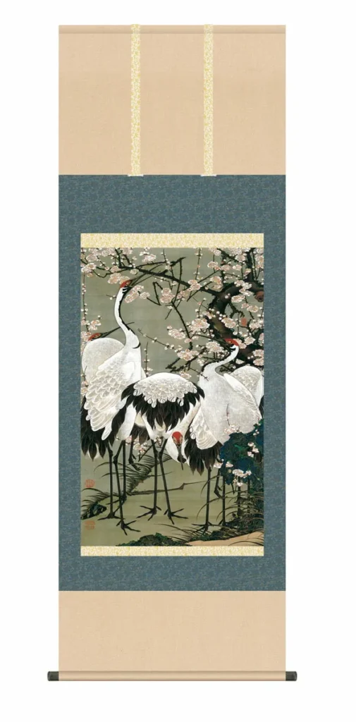 掛け軸(掛軸)【尺五】 梅花群鶴図（ばいかぐんかくず）（伊藤若沖）【複製】 床の間 モダン 巨匠 名作 鶴 和室 掛物 名画 複製 日本製 伊藤 若沖【送料無料】【代引き手数料無料】