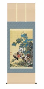 掛け軸【尺五】 紫陽花双鶏図（あじさいそうけいず）（伊藤若沖）【複製】 床の間 モダン 巨匠 名作 鳥 和室 掛物 名画 複製 日本製 伊藤 若沖 鶏【送料無料】【代引き手数料無料】