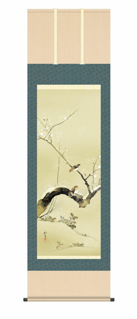 掛け軸【尺五】 梅、雀（うめ、すずめ）（酒井抱一）【複製画】 床の間 モダン 巨匠 名作 スズメ 和室 掛物 名画 複製 日本製 酒井 抱一 梅【送料無料】【代引き手数料無料】