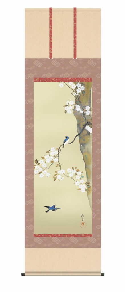 掛け軸【尺五】 桜に小禽図（さくらにしょうきんず）（酒井抱一）【複製画】 床の間 モダン 巨匠 名作 鳥 和室 掛物 名画 複製 日本製 酒井 抱一 春【送料無料】【代引き手数料無料】