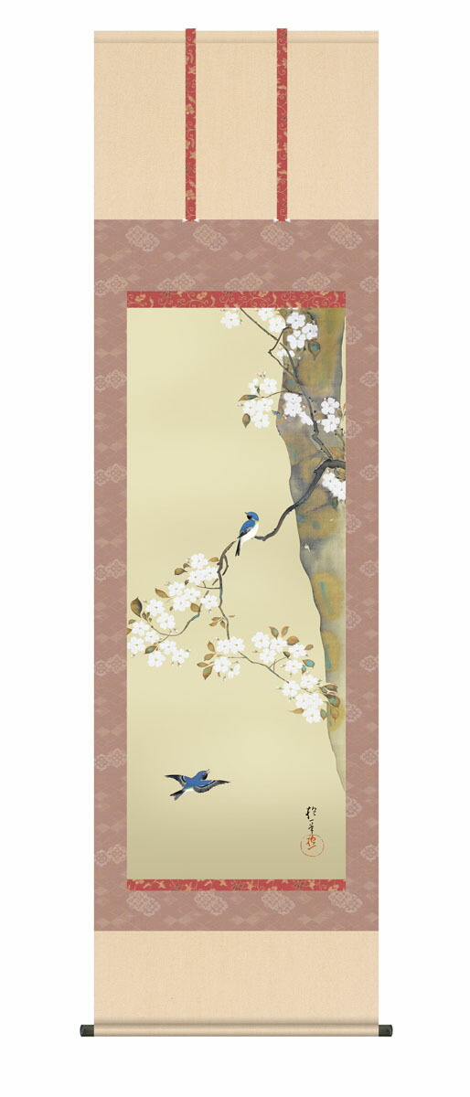 掛け軸【尺五】 桜に小禽図（さくらにしょうきんず）（酒井抱一）【複製画】 床の間 モダン 巨匠 名作 鳥 和室 掛物 名画 複製 日本製 酒井 抱一 春【送料無料】【代引き手数料無料】