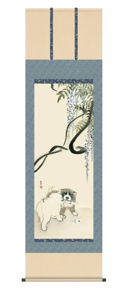 掛け軸【尺五】 藤花狗子図（円山応挙）【複製】 床の間 モダン 巨匠 名作 和室 掛物 名画 複製画 日本製 円山 応挙 子犬 藤 【送料無料】【代引き手数料無料】