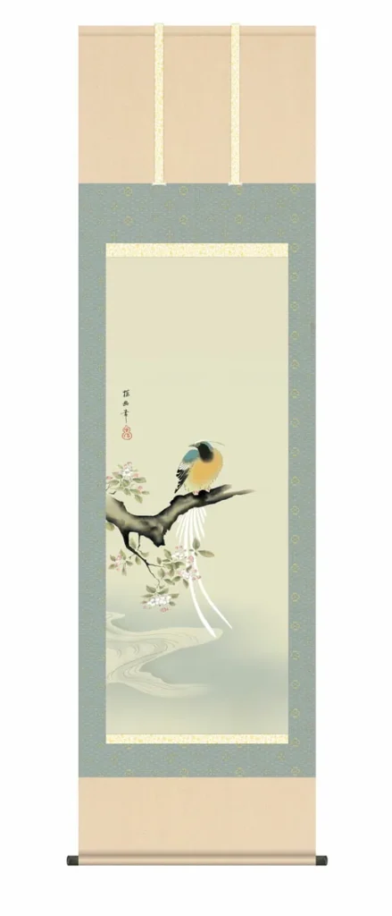 掛け軸【尺五】 海棠に尾長鳥（狩野探幽）【複製】 床の間 モダン 巨匠 名作 和室 掛物 名画 複製画 日本製 狩野 探幽 オナガドリ 【送料無料】【代引き手数料無料】