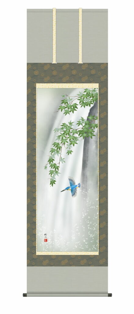 掛け軸 掛軸 かけじく 花鳥画 楓にかわせみ（浮田 秋水） 翡翠 床の間 モダン 掛物 送料無料 代引手数料無料