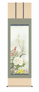 掛け軸 掛軸 花鳥画<br>四季花　西尾 香悦(三美会)<br> 年中掛け　牡丹　吉祥花　床の間　和室　モダン【送料無料】【代引手数料無料】