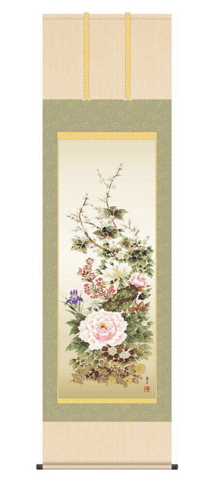 掛け軸 掛軸 花鳥画 四季花（吉井 蘭月） 年中掛け 牡丹 吉祥花 床の間 和室 モダン 送料無料 代引き手数料無料