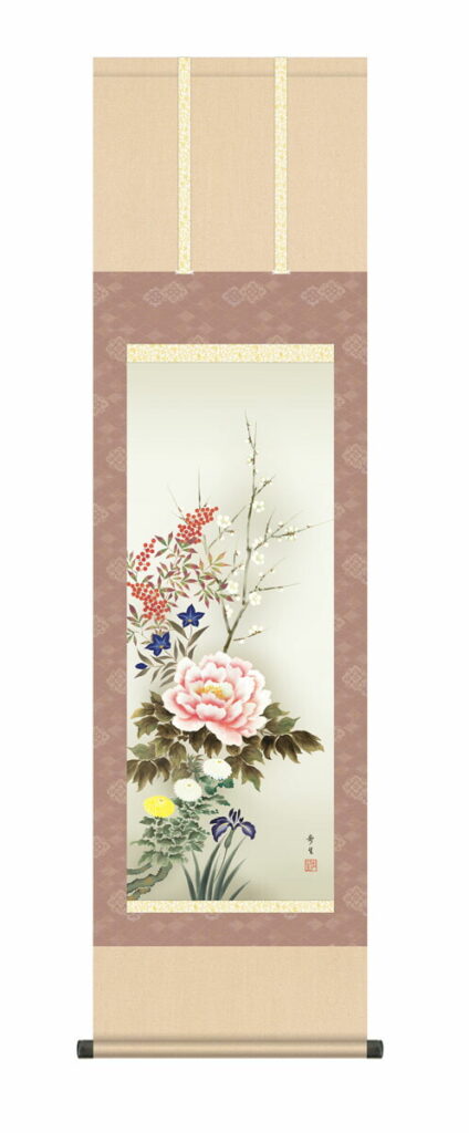 掛け軸【花鳥】 四季花（北山 歩生） 尺三 高さ164×幅44.5cm 床の間 モダン 和室 掛物 化粧箱 年中掛け【送料無料】【代引手数料無料】