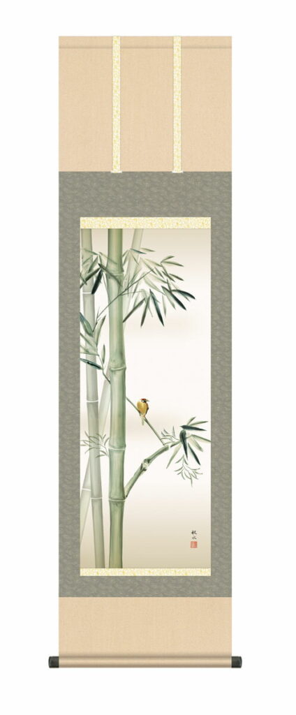 掛け軸 掛軸 かけじく 花鳥画 竹に雀（浮田 秋水）【尺三】 尺三 高さ164×幅44.5cm 床の間 モダン 和室 掛物 竹 雀 吉祥木 子孫繁栄 商売繁盛【送料無料】【代引き手数料無料】
