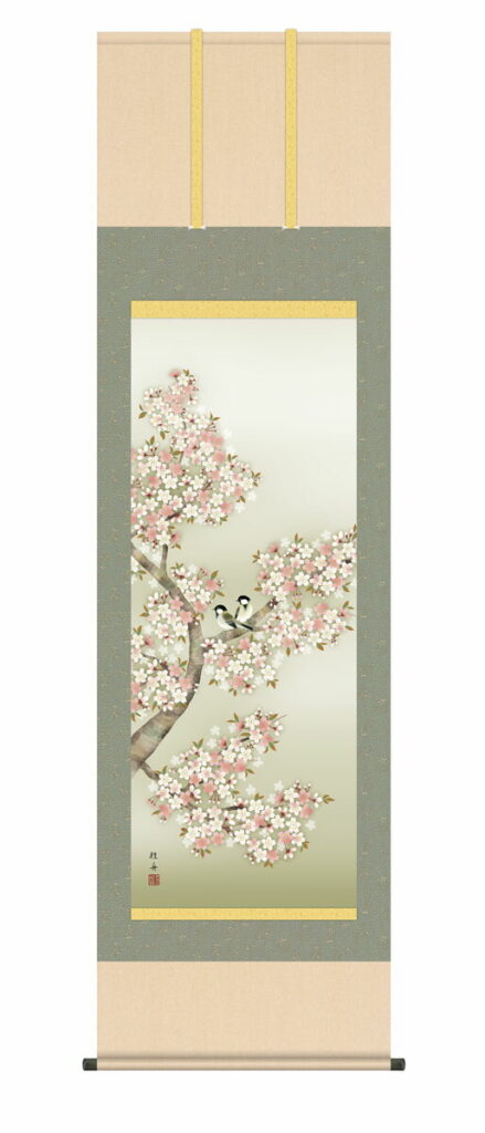 掛け軸 掛軸 かけじく【花鳥画】 桜花（長江 桂舟） 尺五 高さ190×幅54.5cm 春掛け 春飾り 桜 鳥 床の間 モダン 和室 掛物 【送料無料】【代引き手数料無料】